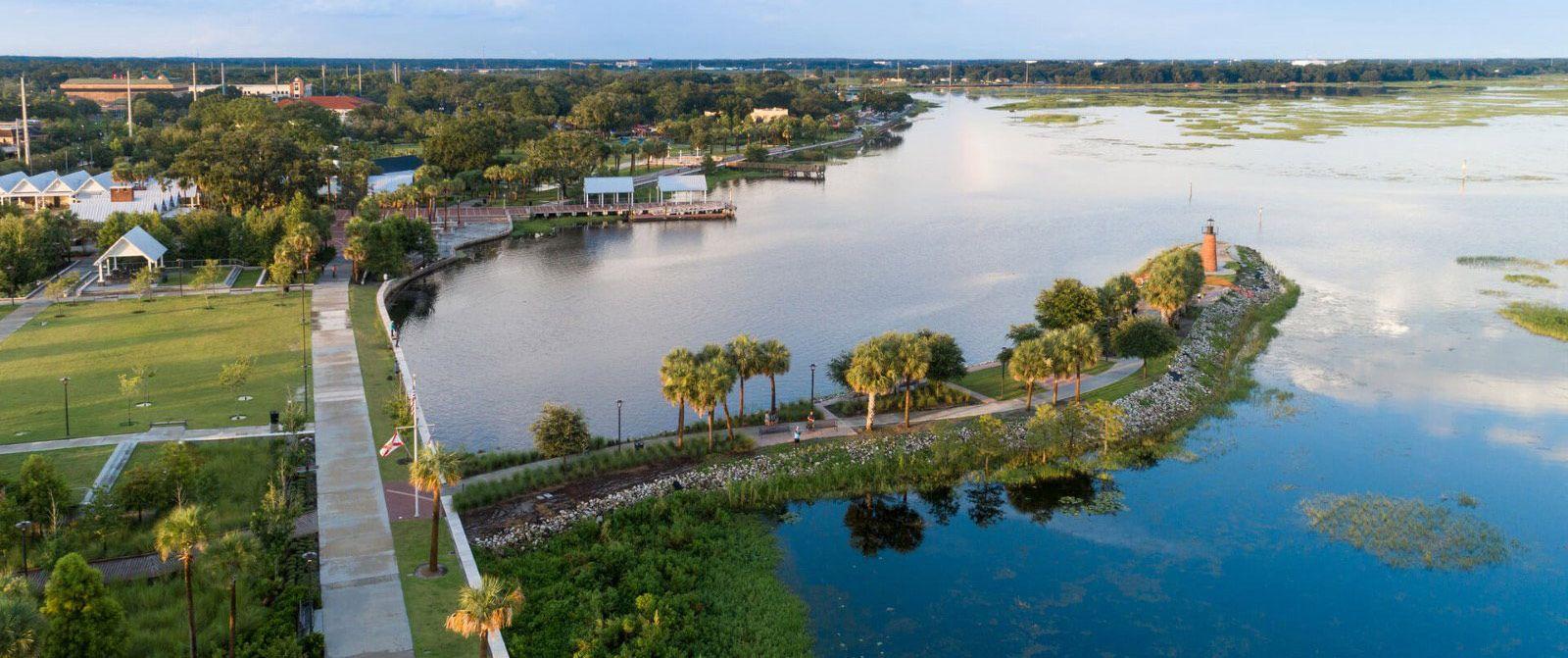 Windsor at Westside Resort view with lighthouse on the end of a spit of land