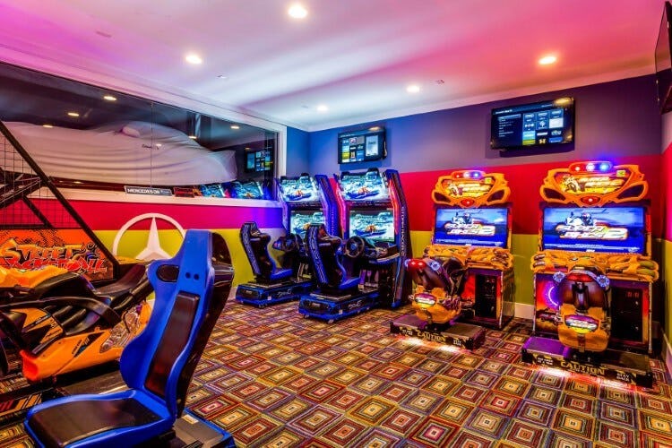 brightly coloured games room