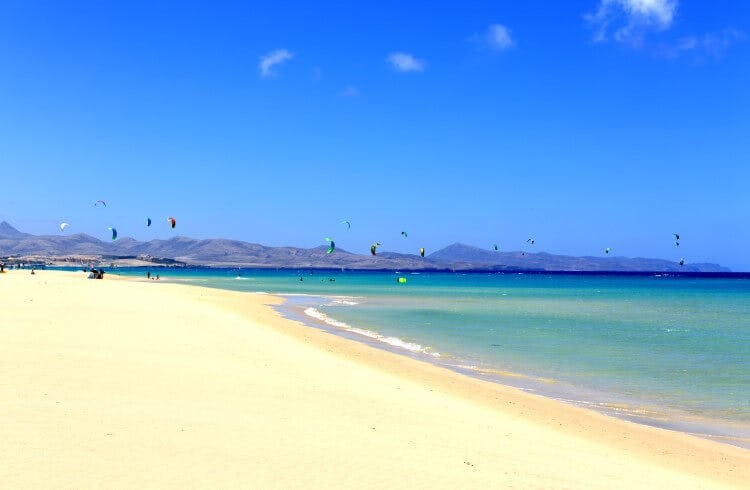 White sand beach in Fuerteventura with parasailers and a mountain backdrop
