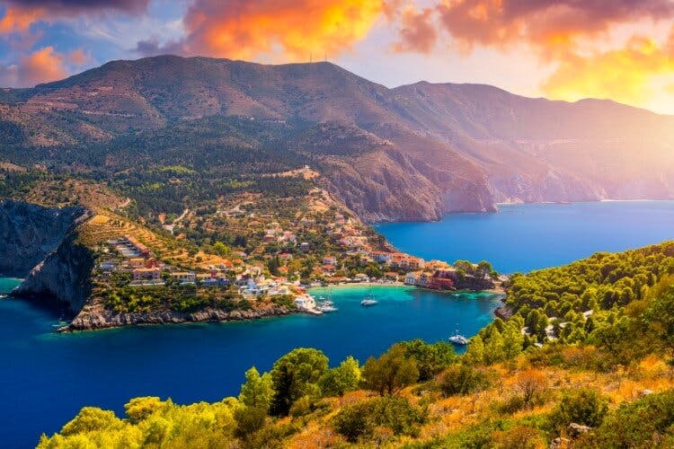 aerial view of kefalonia at sunset