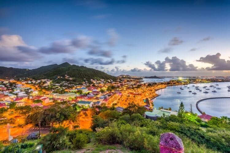 aerial view of st martin town at dusk