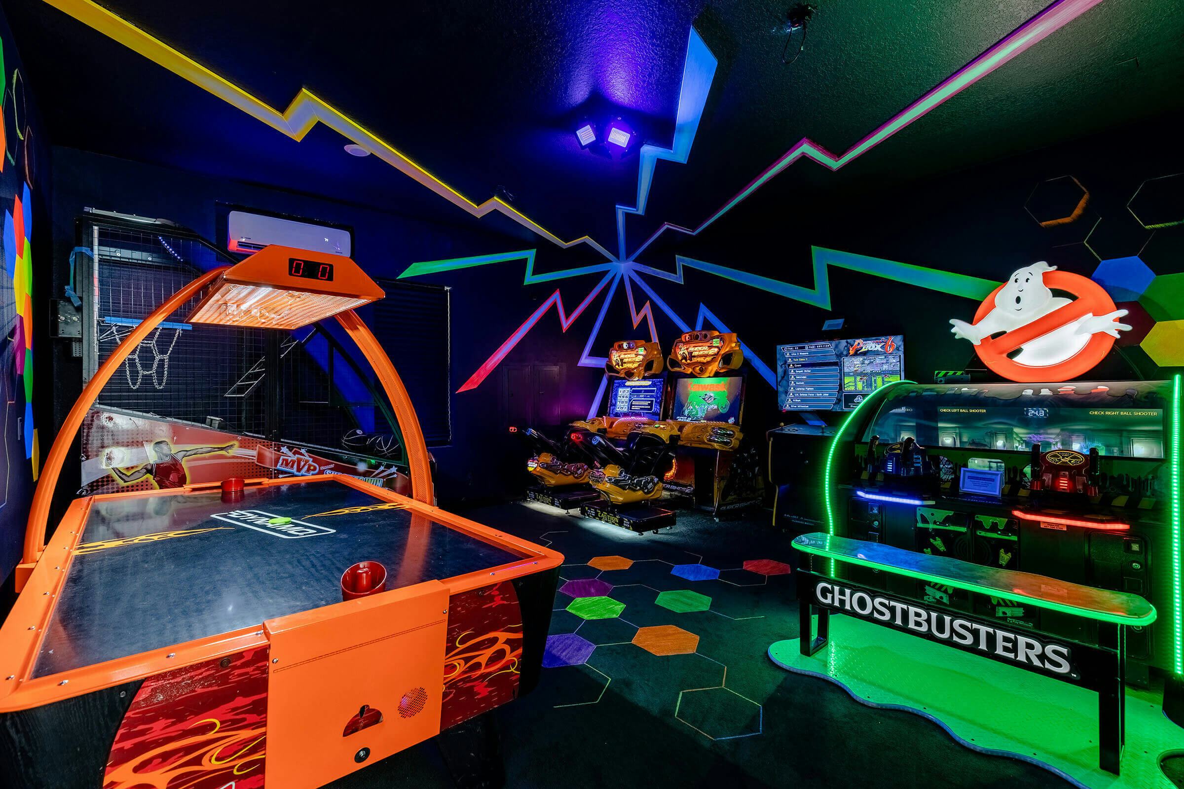 A fun neon coloured games room found within the home