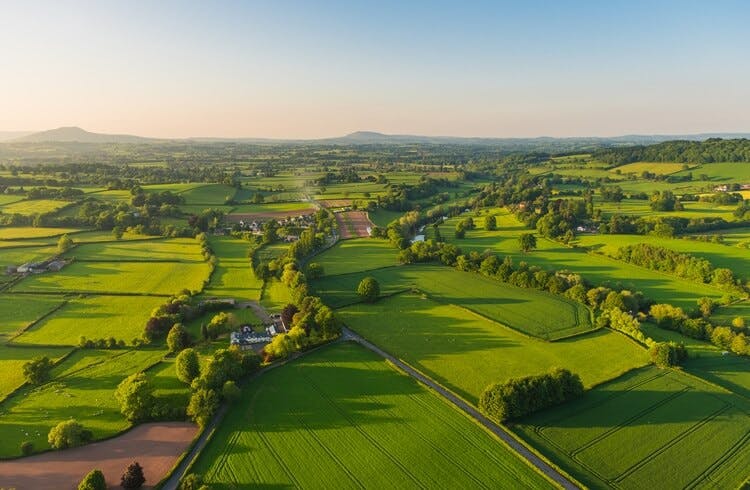 aerial view of green fields in the United Kingdom