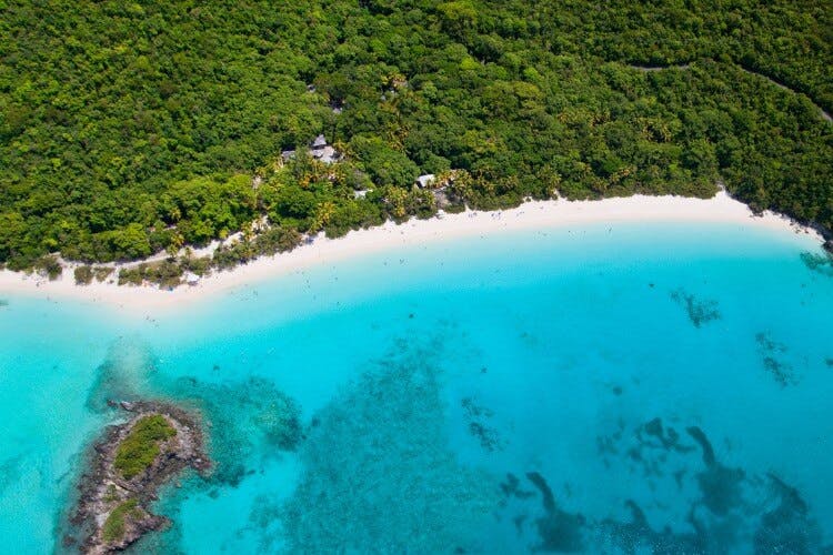 An ariel view of a beautiful beach in the Caribbean, with bright white sand fading out into clear blue water. Behind the beach, a dense area of forest with green trees