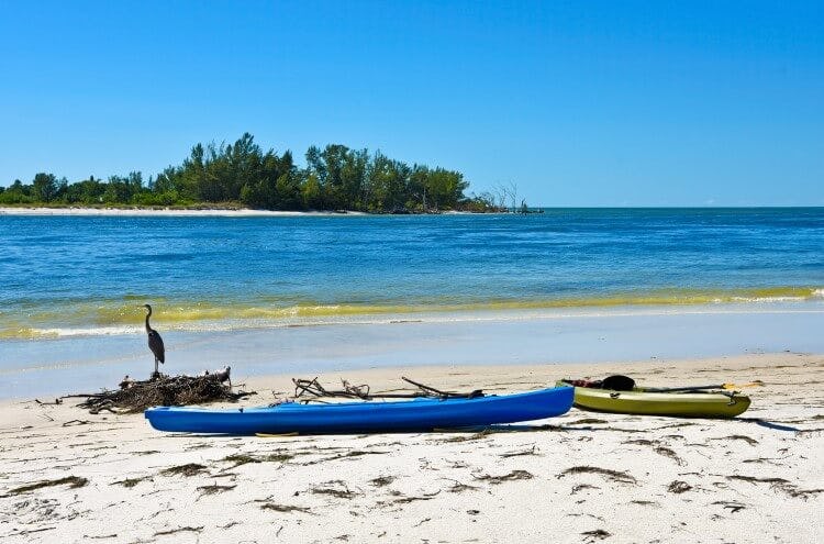 Two kayaks, one blue, one yellow, on a white sandy beach with the sea and a palm-covered island in the background