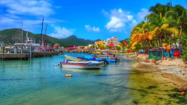 A soft-focus image of a colorful harbor in Saint Martin, with rustic fishing boats lining the sandy shoreline, sailboats in the background and green palm trees along the soft white sand of the beach
