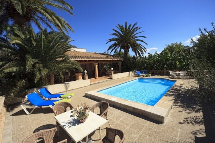 villa with patio, loungers and palm trees surrounding a pool
