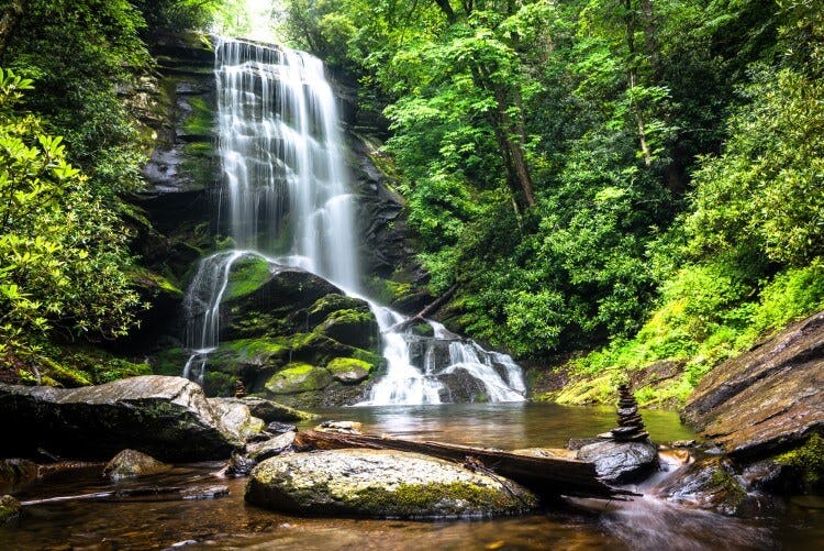A long-exposure shot of a waterfall near Asheville