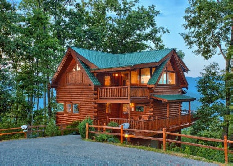 log cabin at dusk