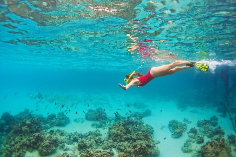 A women in a red bathing suit snorkeling in clear blue water over a rocky reef