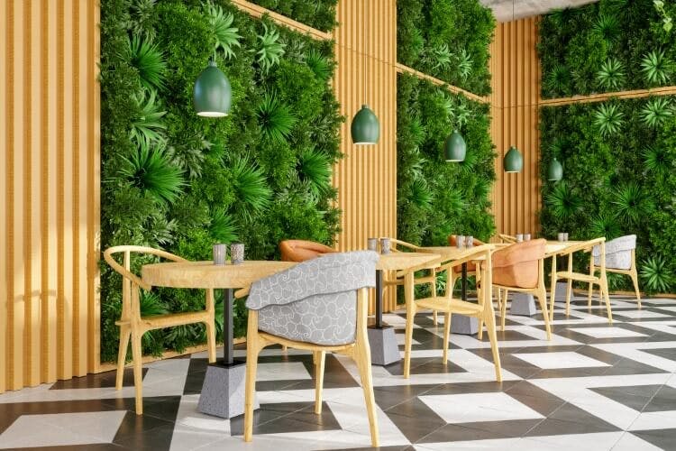 dining area with plants on walls