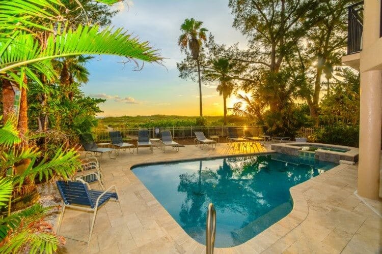 pool on patio at sunset