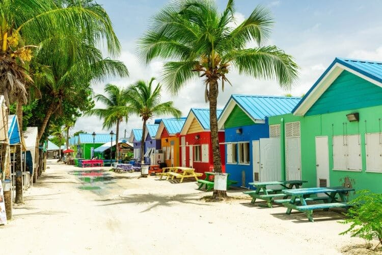 row of colourful huts in Barbados
