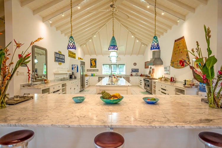 Palm Point Antigua villas with staff - interior of villa with marble countertop and fruit bowl