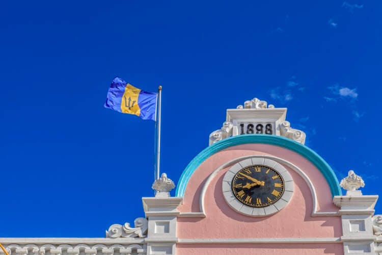 the barbados flag on roof of bridgetown building
