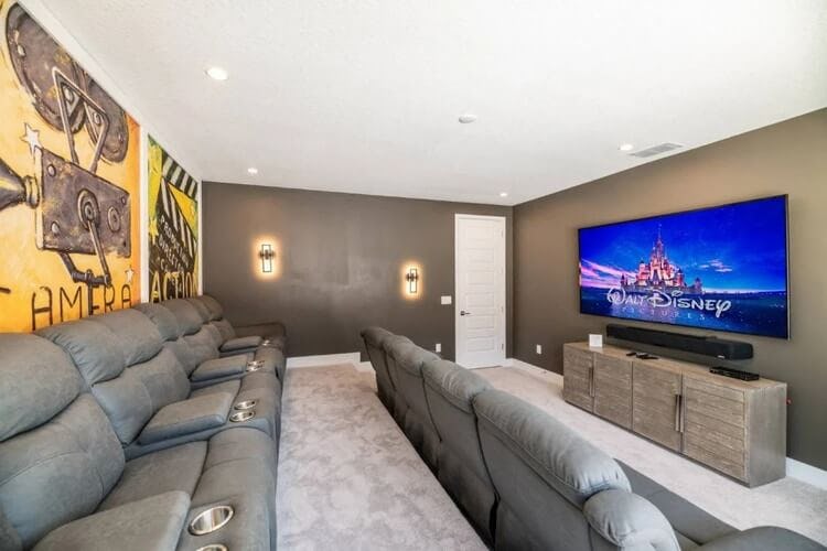 home movie theater with grey seats