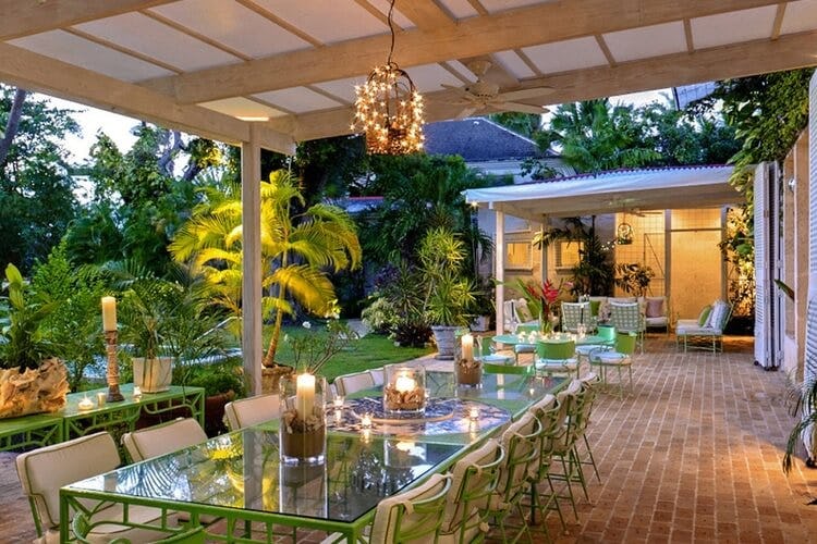 outdoor covered dining set at dusk