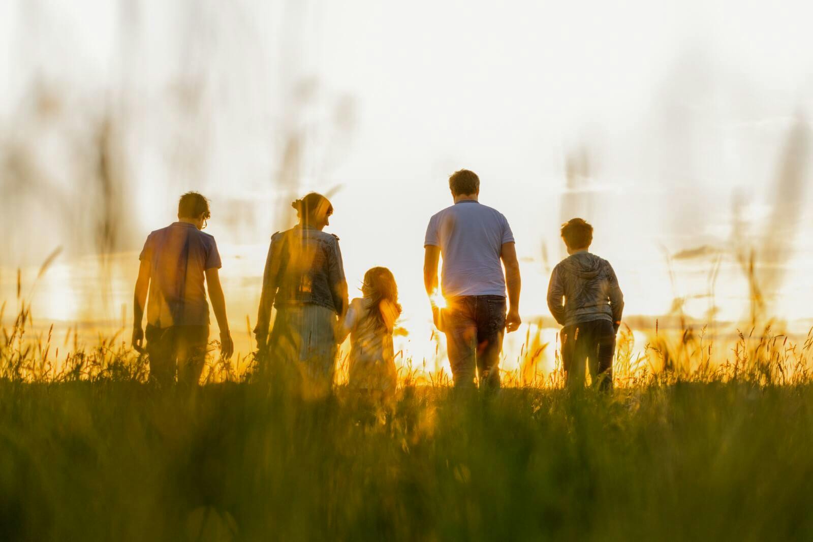 family in field at sunset
