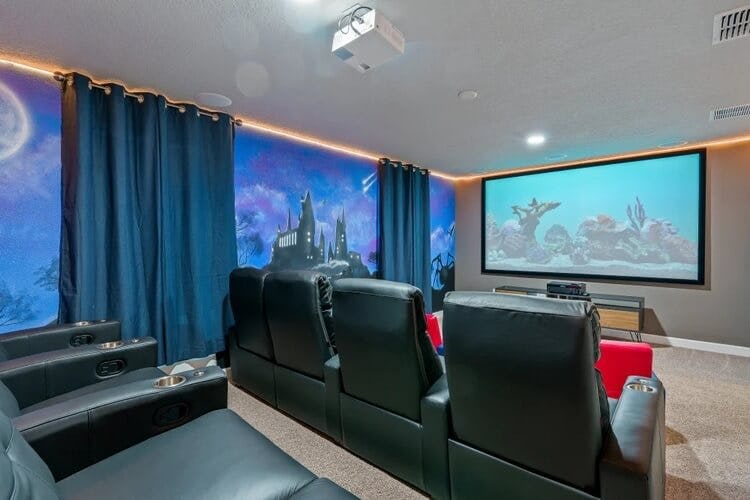 black chairs in home movie theater with castle mural