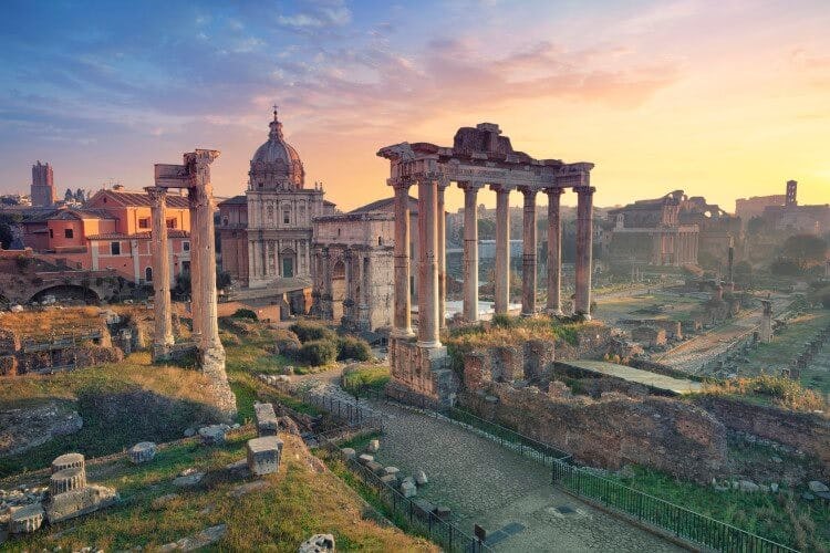 The Roman Forum in Rome, a collection of old ruined buildings