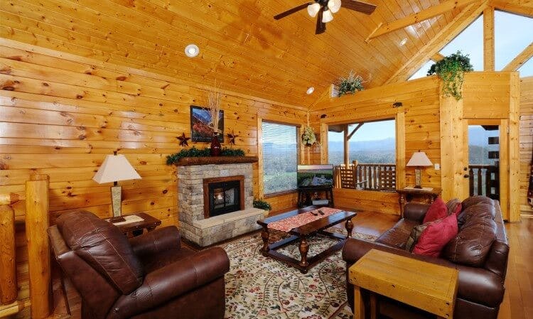 rustic wood panelled cabin living room
