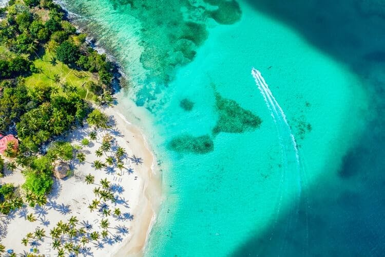 aerial view of beach and boat in caribbean