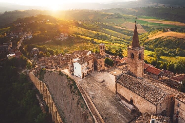 An ariel view of a traditional old town in Le Marche, Italy