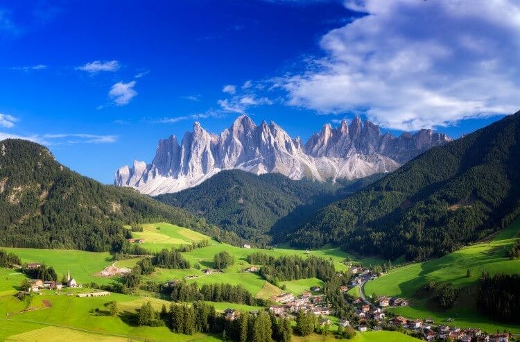 A lush Spring landscape in the Dolomites Mountains