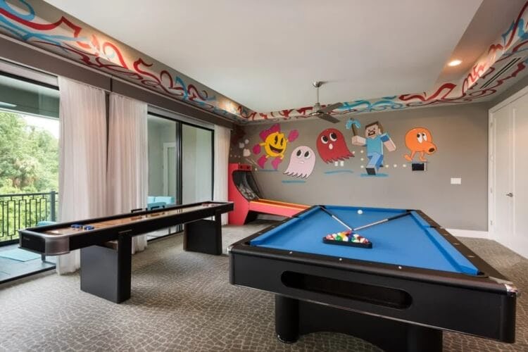 games room with pacman decor