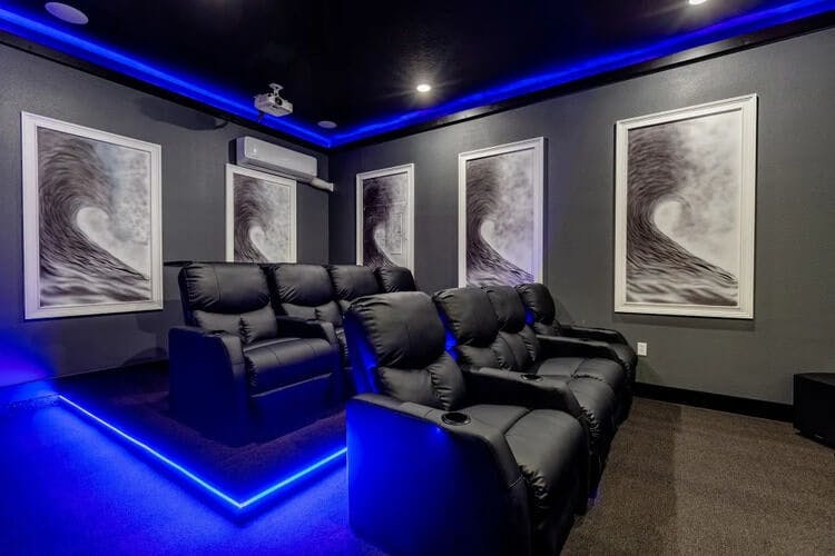 black movie theater with blue LED lighting