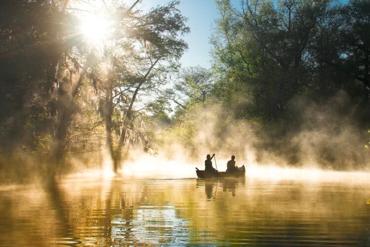 Two people canoeing in the early morning mist in the Everglades, Florida