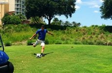A person playing Footgolf at Reunion Resort