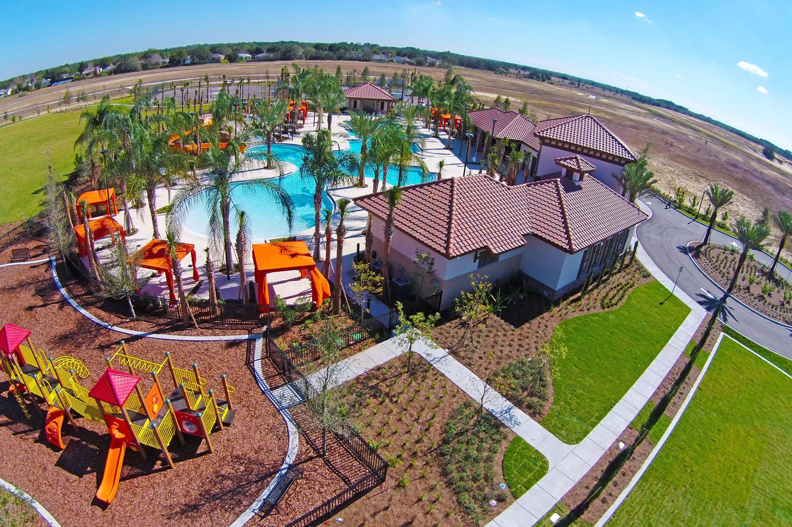 Overhead shot of Solterra Resort clubhouse and pool
