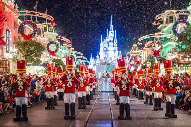Fesitve toy soldiers perform in the parade for Disney World's Very Merry Christmas Party