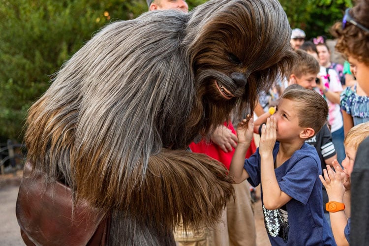 A young boy speaking to a person dressed as Chewbacca