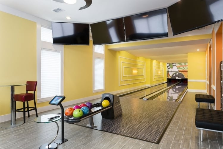 This villa features a full-size bowling alley