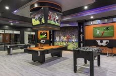 Sports themed game room with multiple TV screens