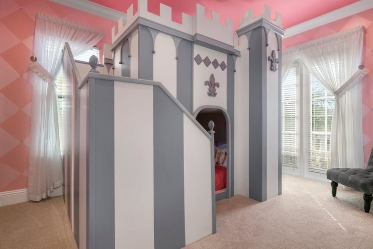 Pink princess room with custom-built castle bunkbeds