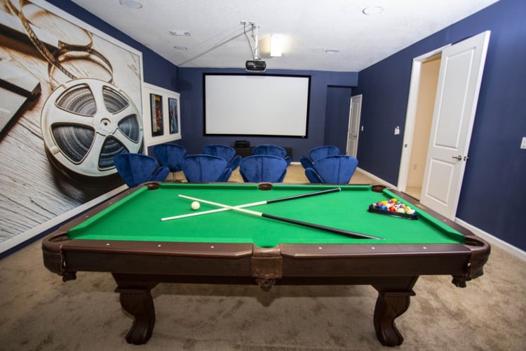 Inside there is a home theater with a pool table 