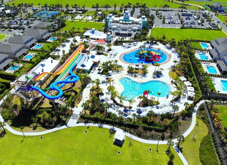 Encore Resort membership offers access to its 10 acre waterpark. Kids activities. Aerial view of Encore Resort water park. Orlando resorts with water parks. Encore Resort water park
