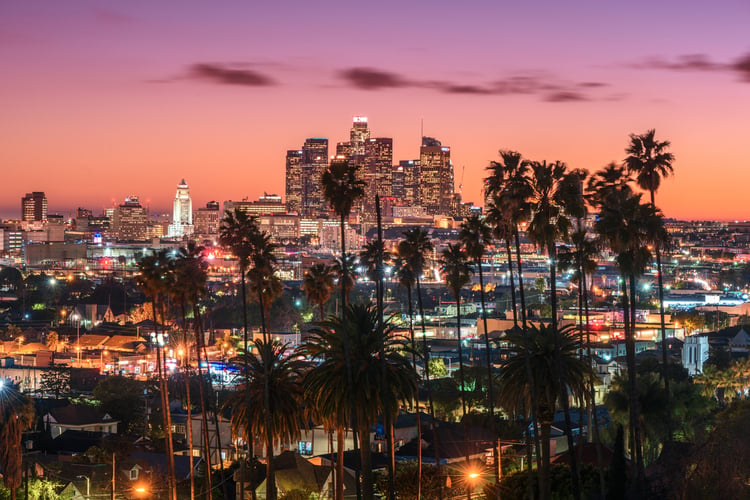 Sunset over the city skyline in LA - one of the best places to visit in May