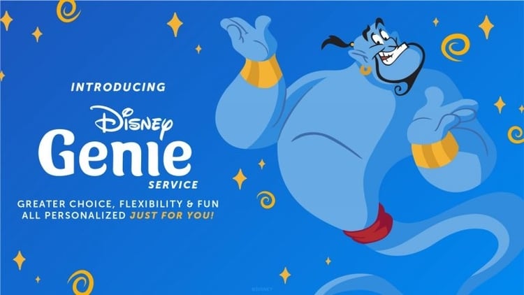 Disney Genie pass banner - Genie character against a blue background with text saying 'Introducing Disney Genie service'