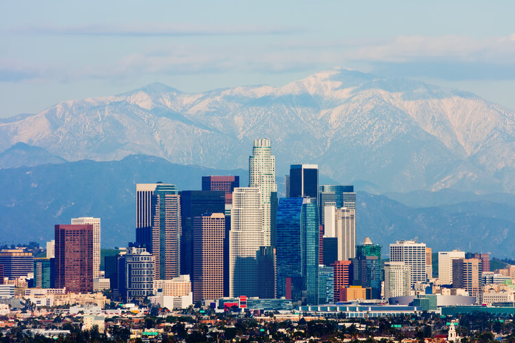 Los Angeles city with snowy mountains in the background