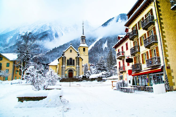 Pretty Chamonix village covered in snow