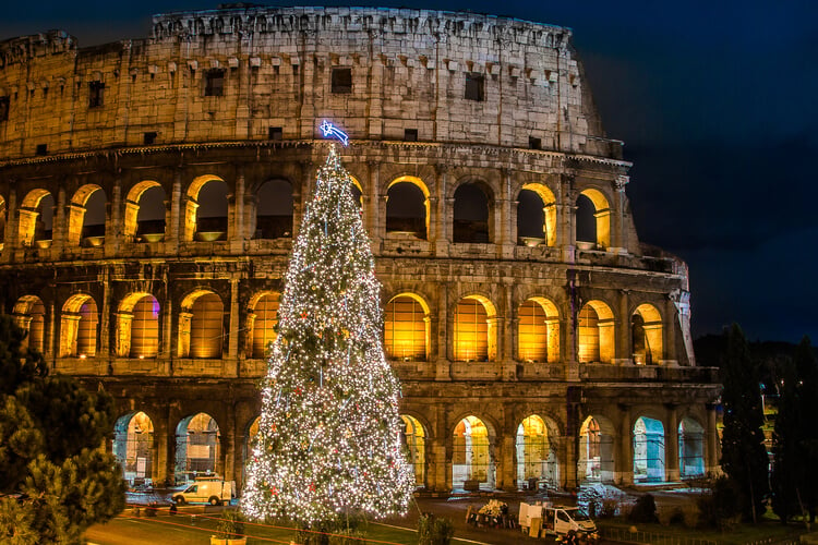 The Roman Colosseum with a Christmas tree