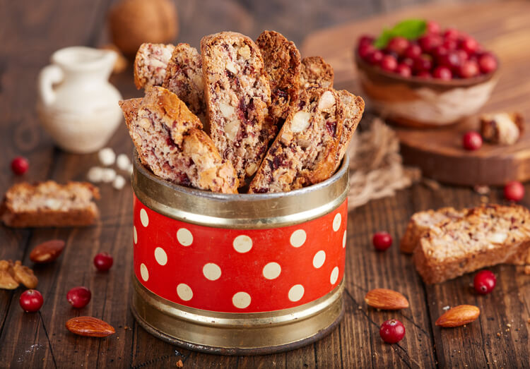 Italian cranberry and almond biscotti in a colorful tin