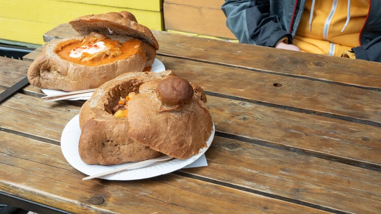 Gulyas in a bread bowl