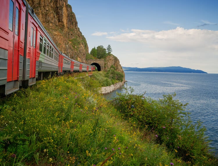 A train passing Lake Baikal in Russia