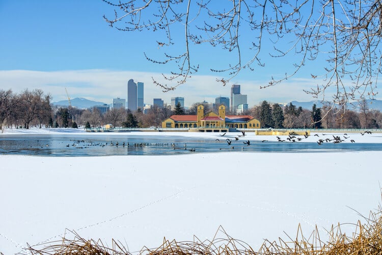 Denver skyline in the snow