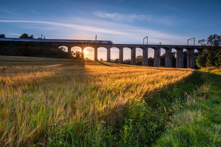 A train crossing a viaduct in the English countryside